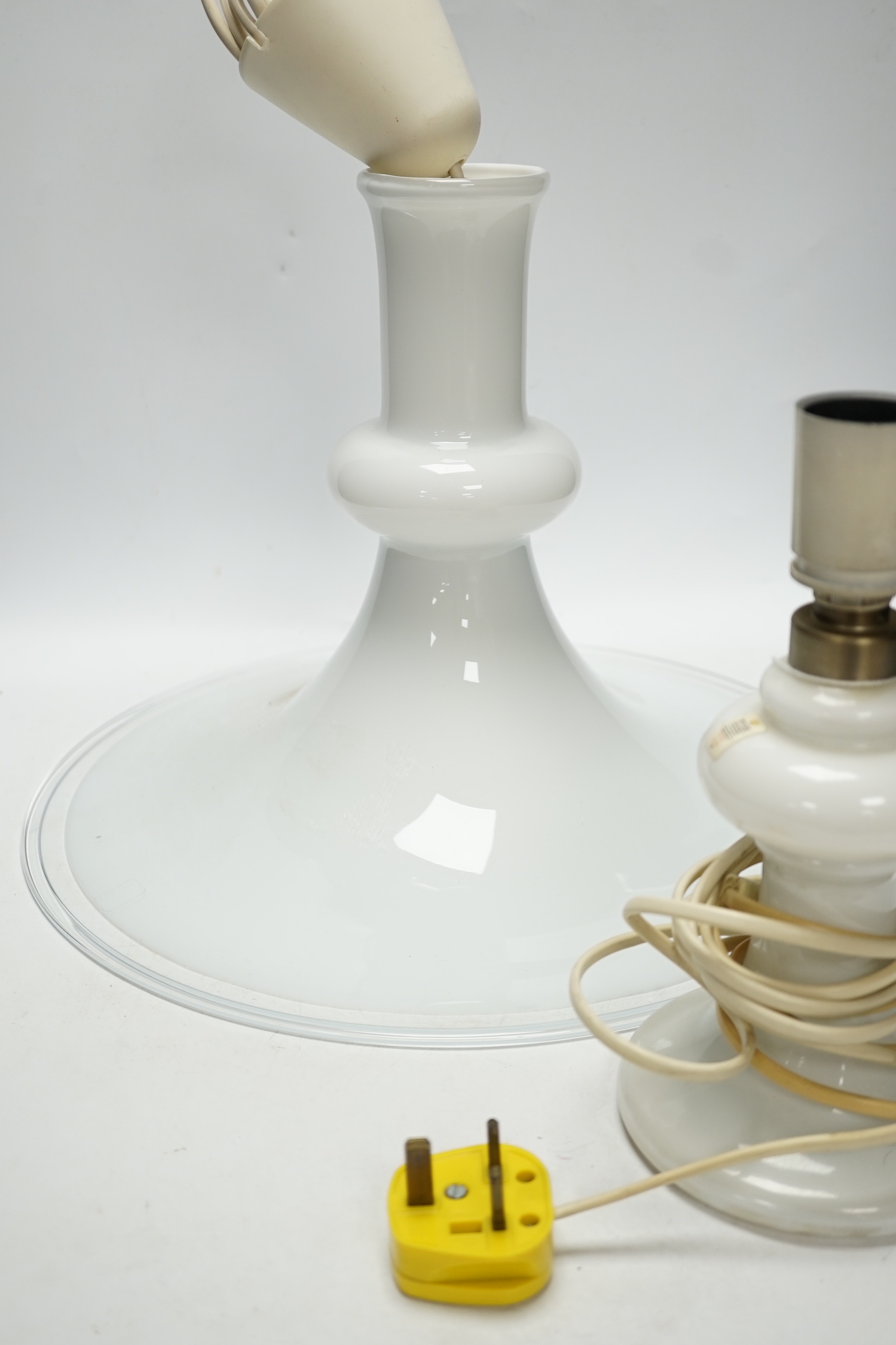 A Holmgaard by Michael Bang opaque white glass pendant ceiling lamp, 40cm diameter, and a Neil Thorssen white glass table lamp